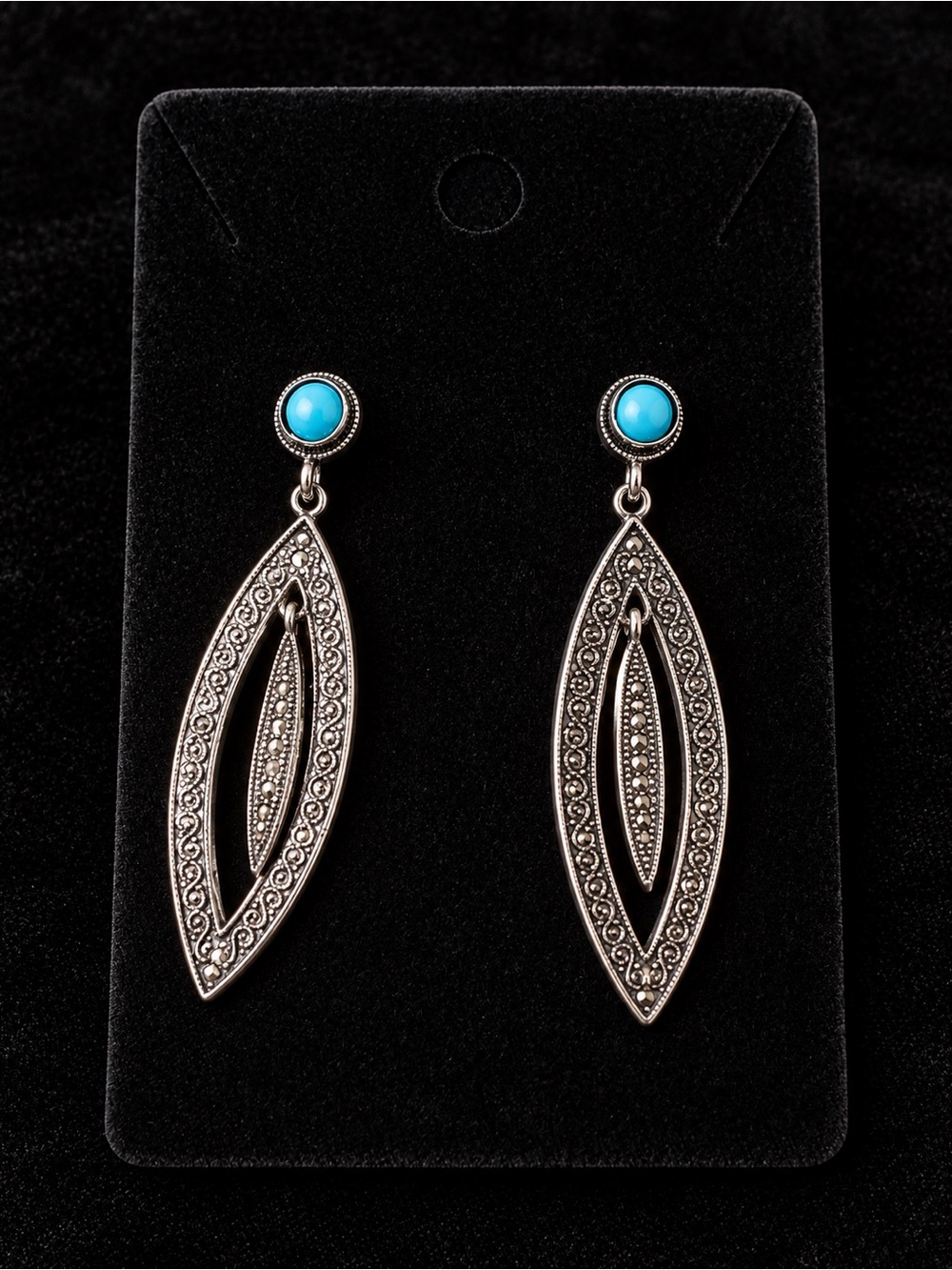 Silver Drop Earrings with Tiny Turquoise Cabochon
